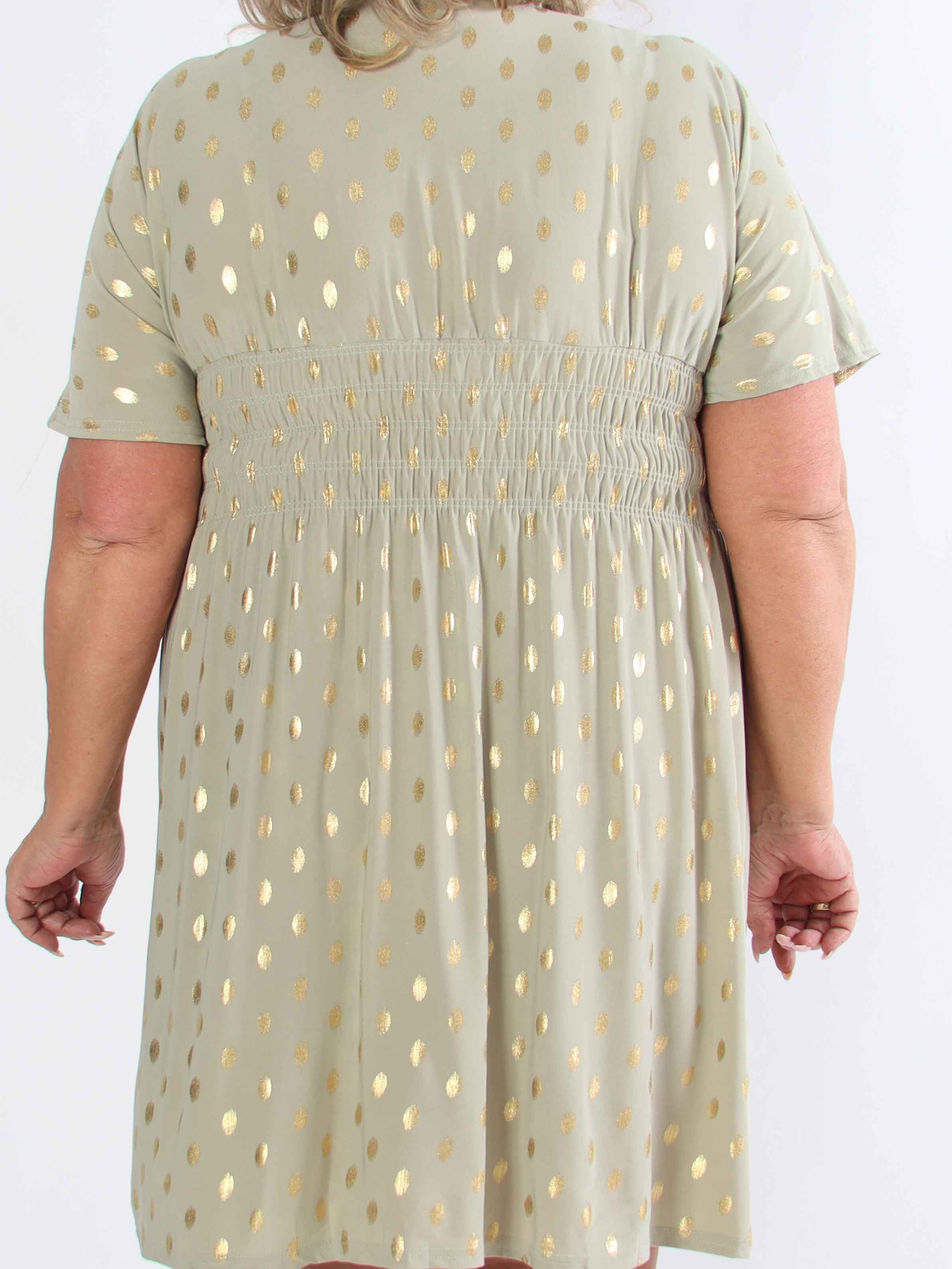 Pams Dot Short - Plus size elastisk kjole med guld prikker